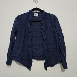 Completo Lino Dalk Blue Open Front Cardigan Frill Ruffles Linen Flax Women Large